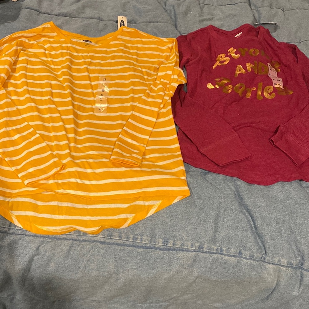 2 new NWT old Navy xl 14 yellow striped  & waffle burgundy shirts